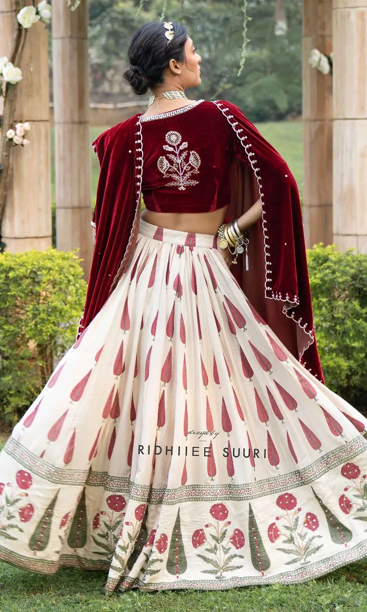 Bareen Mughals Red Block Printed Lehenga With Velvet Embroidered Blouse & Shawl- Sets Of 3 RTS