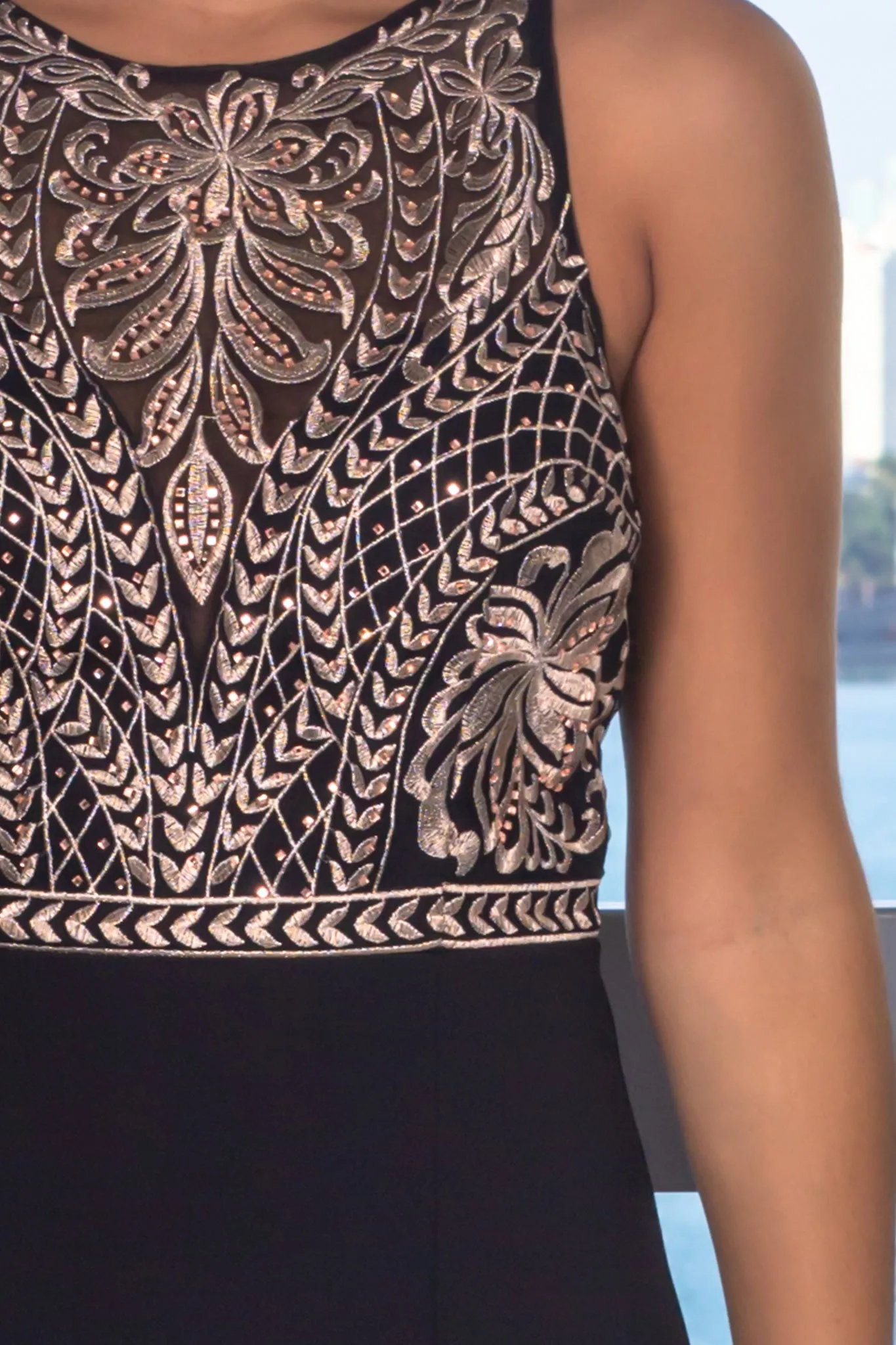 Black Jeweled Top Maxi Dress with Mesh Back