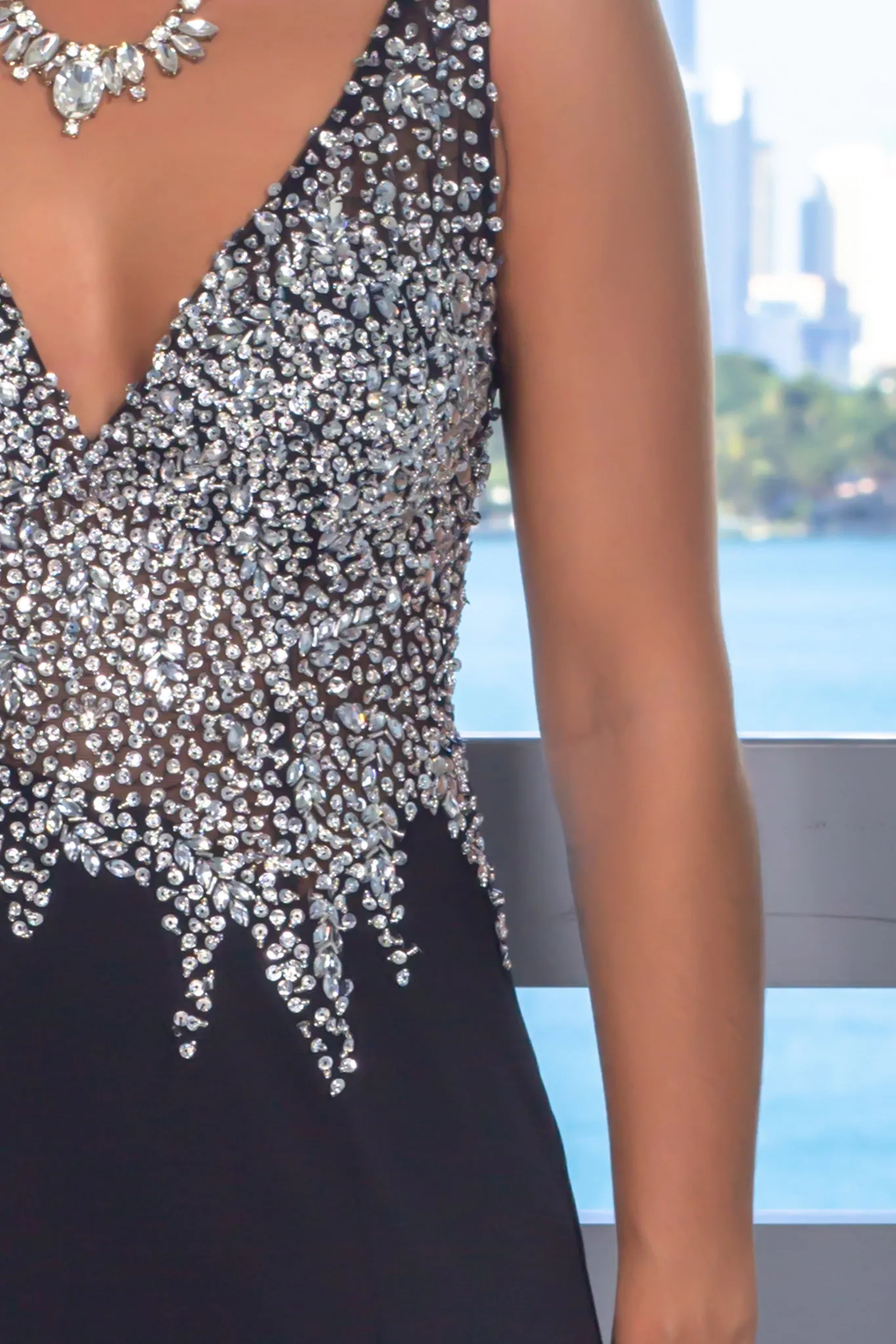 Black Jeweled Top Maxi Dress with Open Back