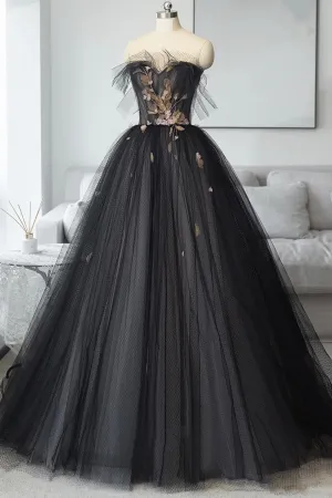 Black Tulle Long Prom Dress Black A-Line Strapless Evening Dress