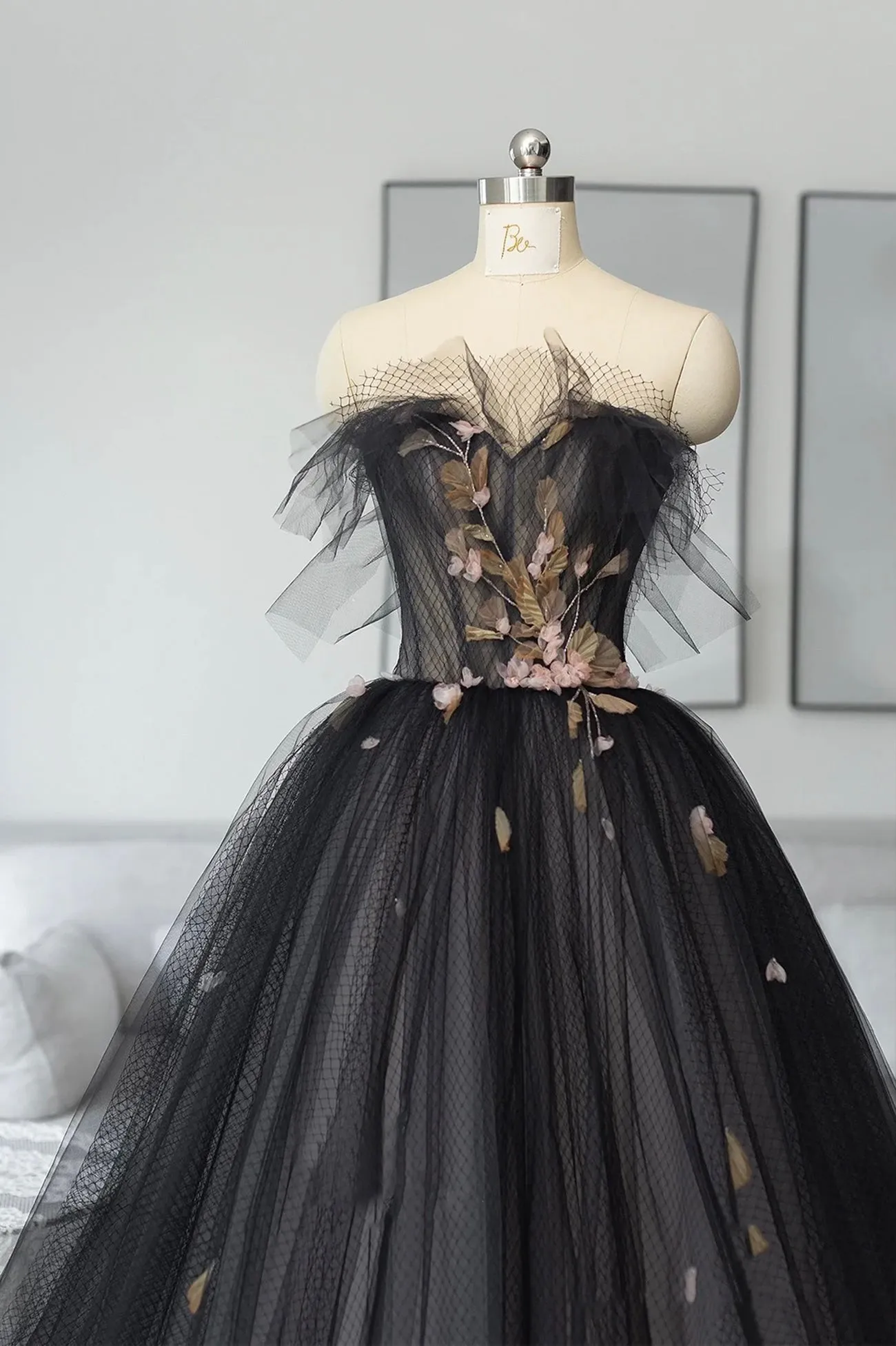 Black Tulle Long Prom Dress Black A-Line Strapless Evening Dress