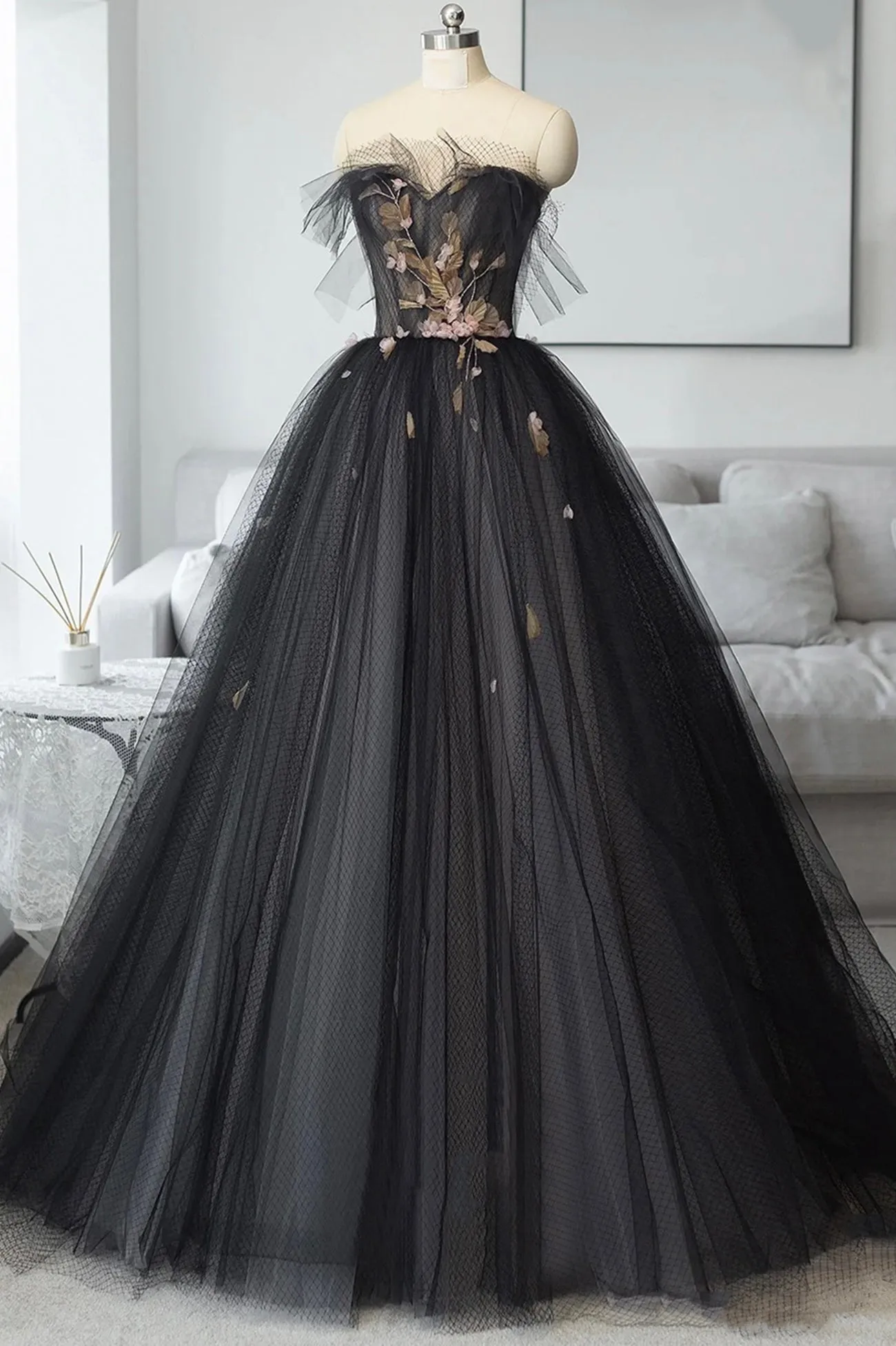 Black Tulle Long Prom Dress Black A-Line Strapless Evening Dress