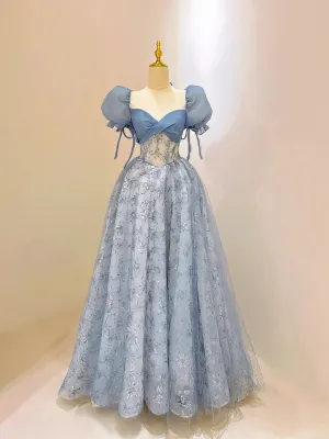Blue Tulle Lace Long Prom Dress Beautiful Short Sleeve Evening Dress