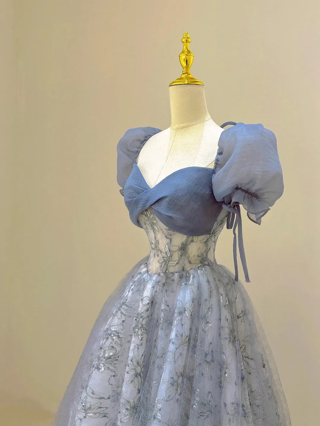 Blue Tulle Lace Long Prom Dress Beautiful Short Sleeve Evening Dress