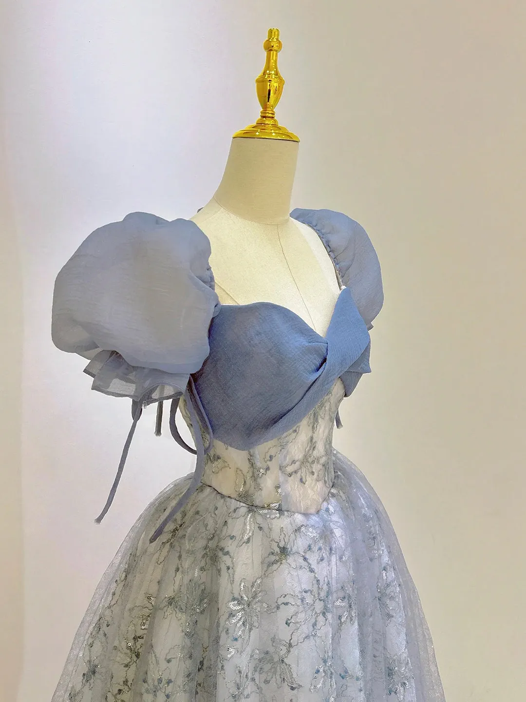 Blue Tulle Lace Long Prom Dress Beautiful Short Sleeve Evening Dress