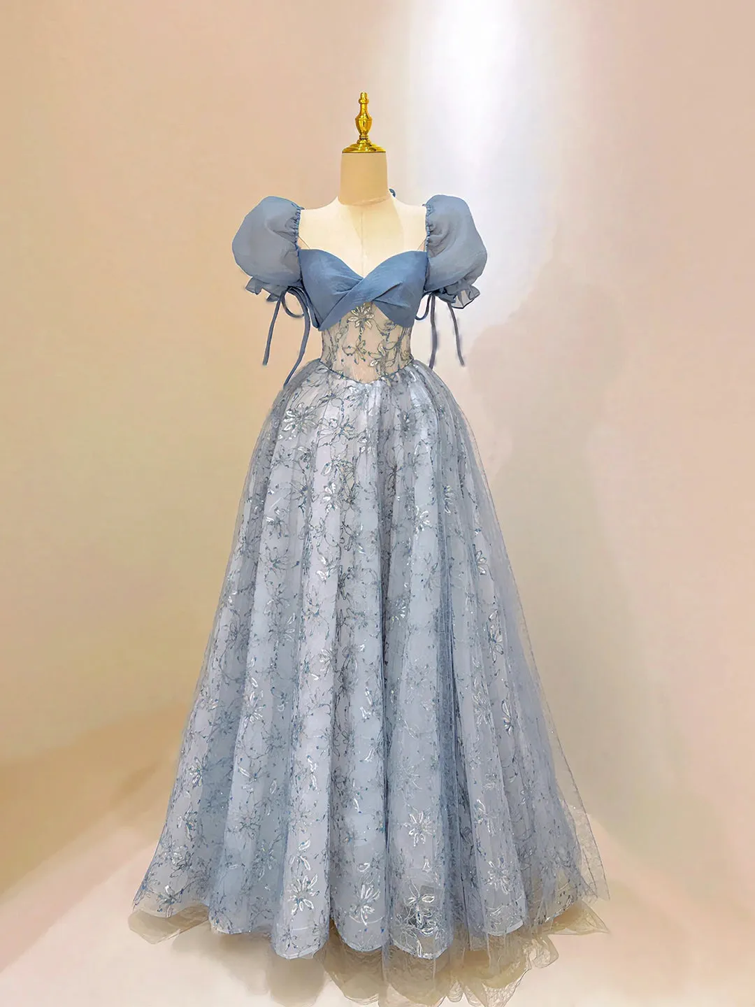 Blue Tulle Lace Long Prom Dress Beautiful Short Sleeve Evening Dress