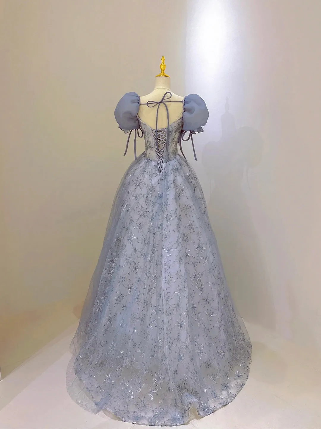 Blue Tulle Lace Long Prom Dress Beautiful Short Sleeve Evening Dress
