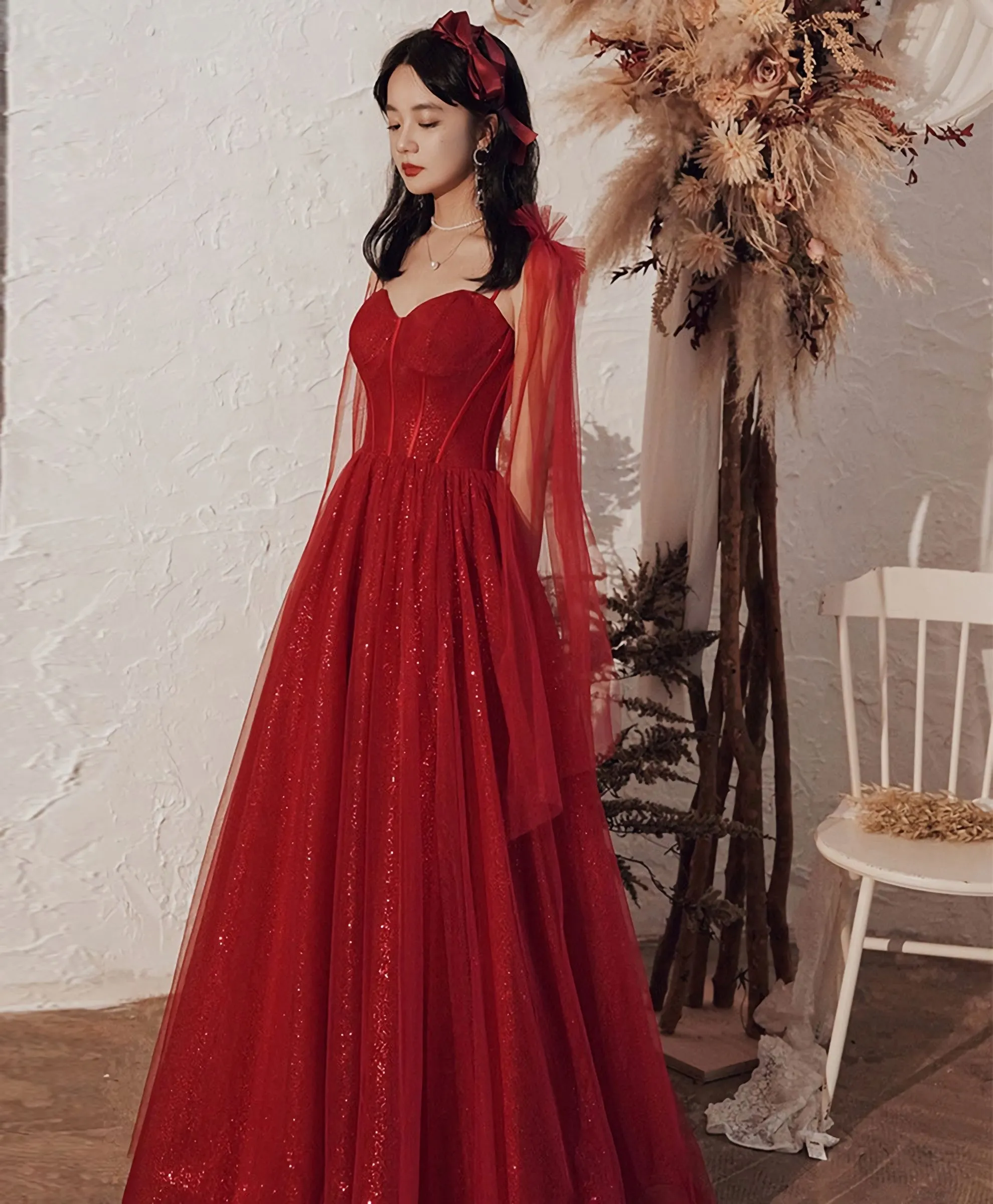 Burgundy Tulle Long Prom Dress Burgundy Formal Dress