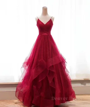 Burgundy v neck tulle long prom dress burgundy evening dress