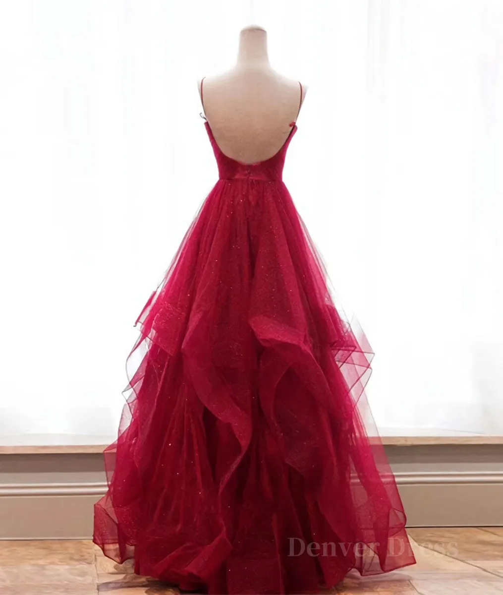 Burgundy v neck tulle long prom dress burgundy evening dress