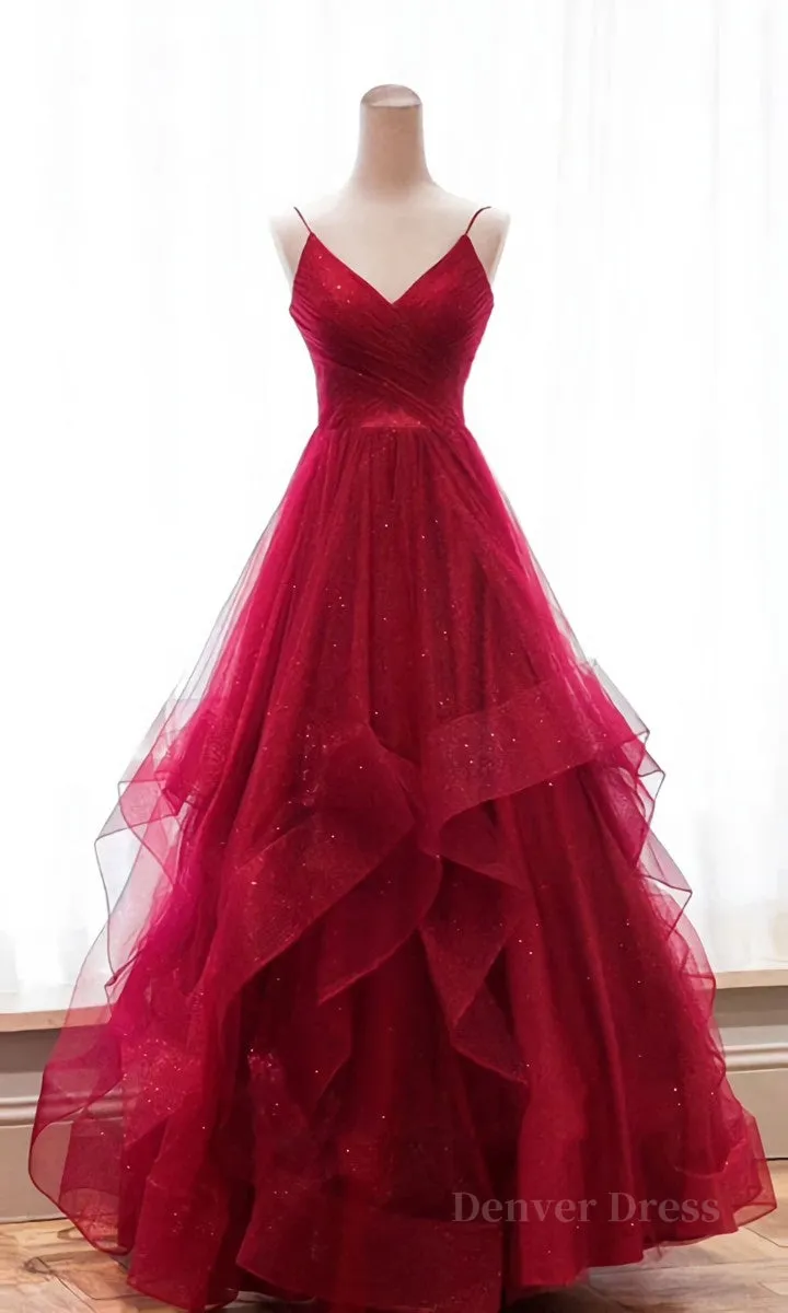 Burgundy v neck tulle long prom dress burgundy evening dress