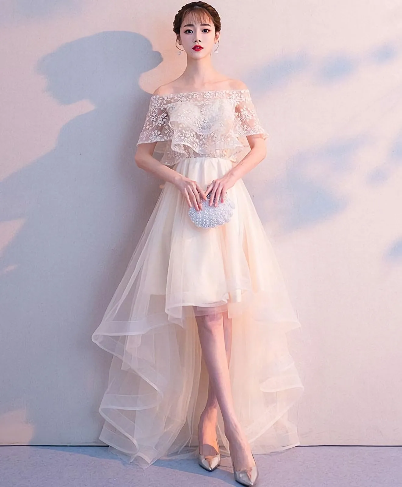 Champagne Tulle High Low Prom Dress Tulle Evening Dress