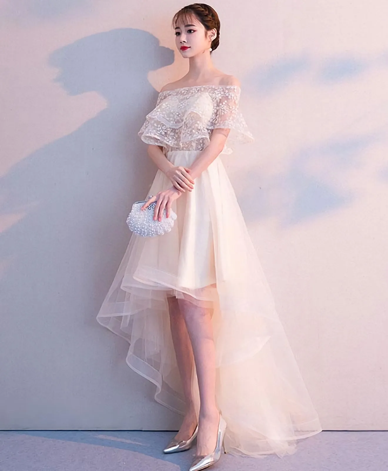 Champagne Tulle High Low Prom Dress Tulle Evening Dress