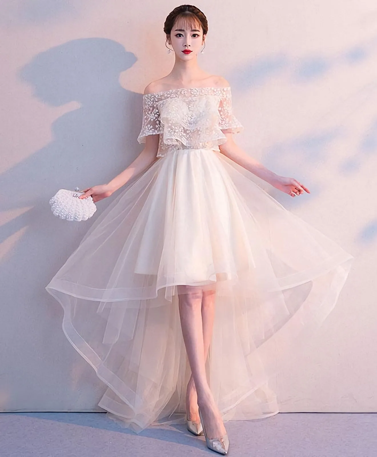 Champagne Tulle High Low Prom Dress Tulle Evening Dress