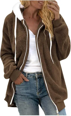 Coats for Women, Women's Fashion Casual Loose Plush Striped Zipper Long Sleeve Stitching Hooded Jacket Coat
