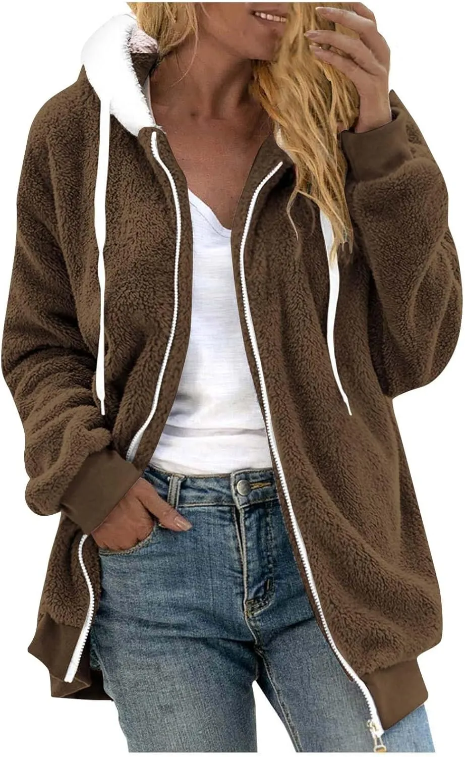 Coats for Women, Women's Fashion Casual Loose Plush Striped Zipper Long Sleeve Stitching Hooded Jacket Coat