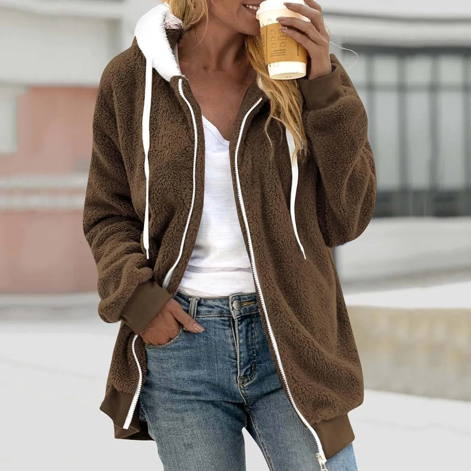 Coats for Women, Women's Fashion Casual Loose Plush Striped Zipper Long Sleeve Stitching Hooded Jacket Coat