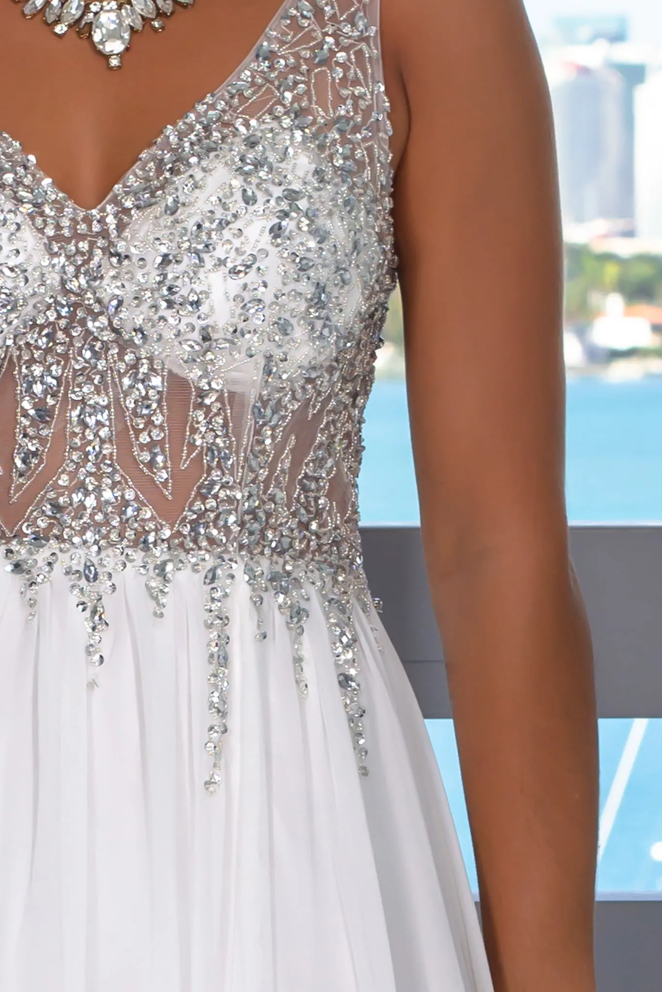 Cream Jeweled Top Maxi Dress with Side Slit