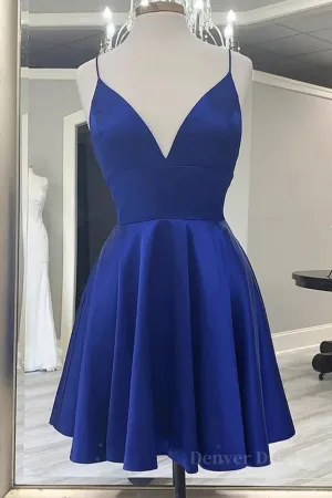 Cute V Neck Backless Short Royal Blue Prom Dress with Straps Backless Royal Blue Formal Graduation Homecoming Dress