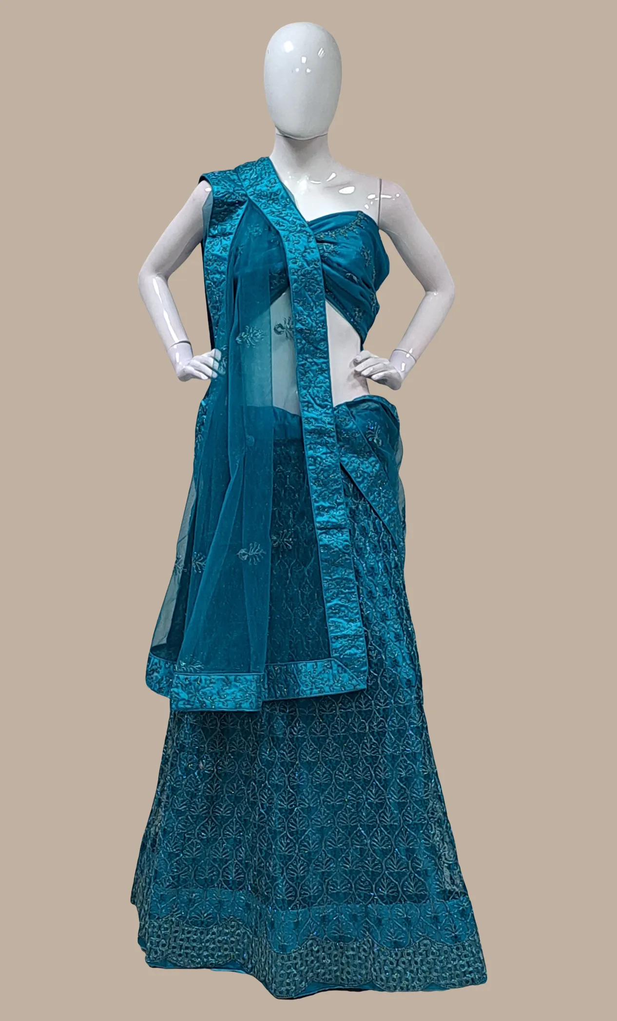 Dark Teal Embroidered Lengha