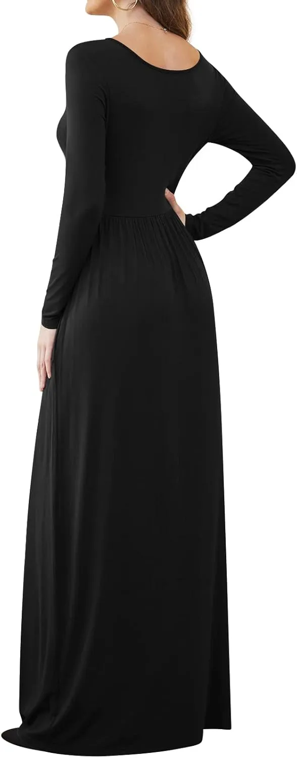 DB MOON Women Casual Long Sleeve Maxi Dresses Empire Waist Long Dress with Pockets