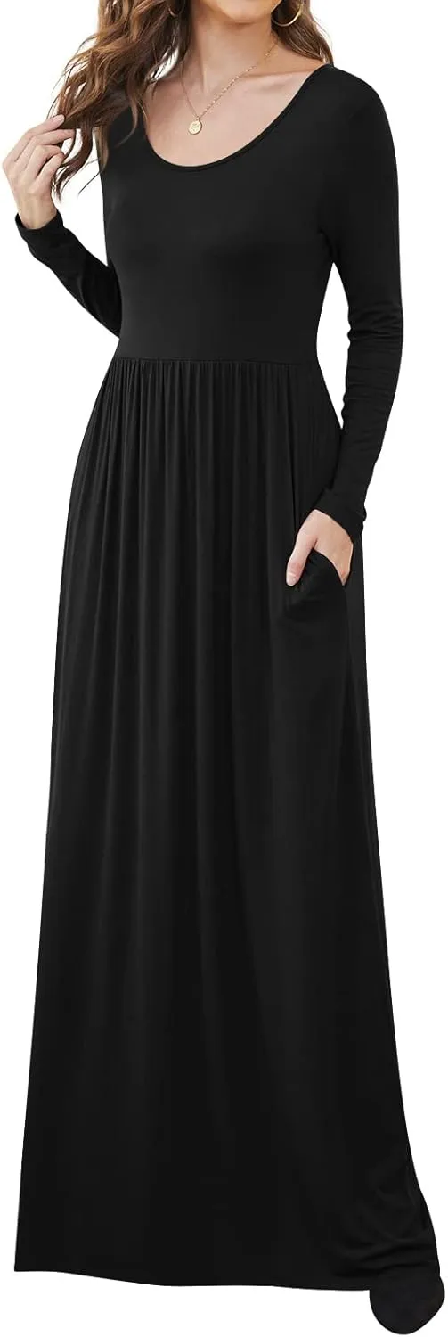 DB MOON Women Casual Long Sleeve Maxi Dresses Empire Waist Long Dress with Pockets