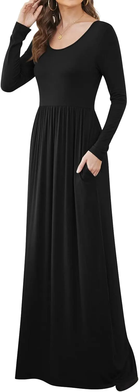 DB MOON Women Casual Long Sleeve Maxi Dresses Empire Waist Long Dress with Pockets