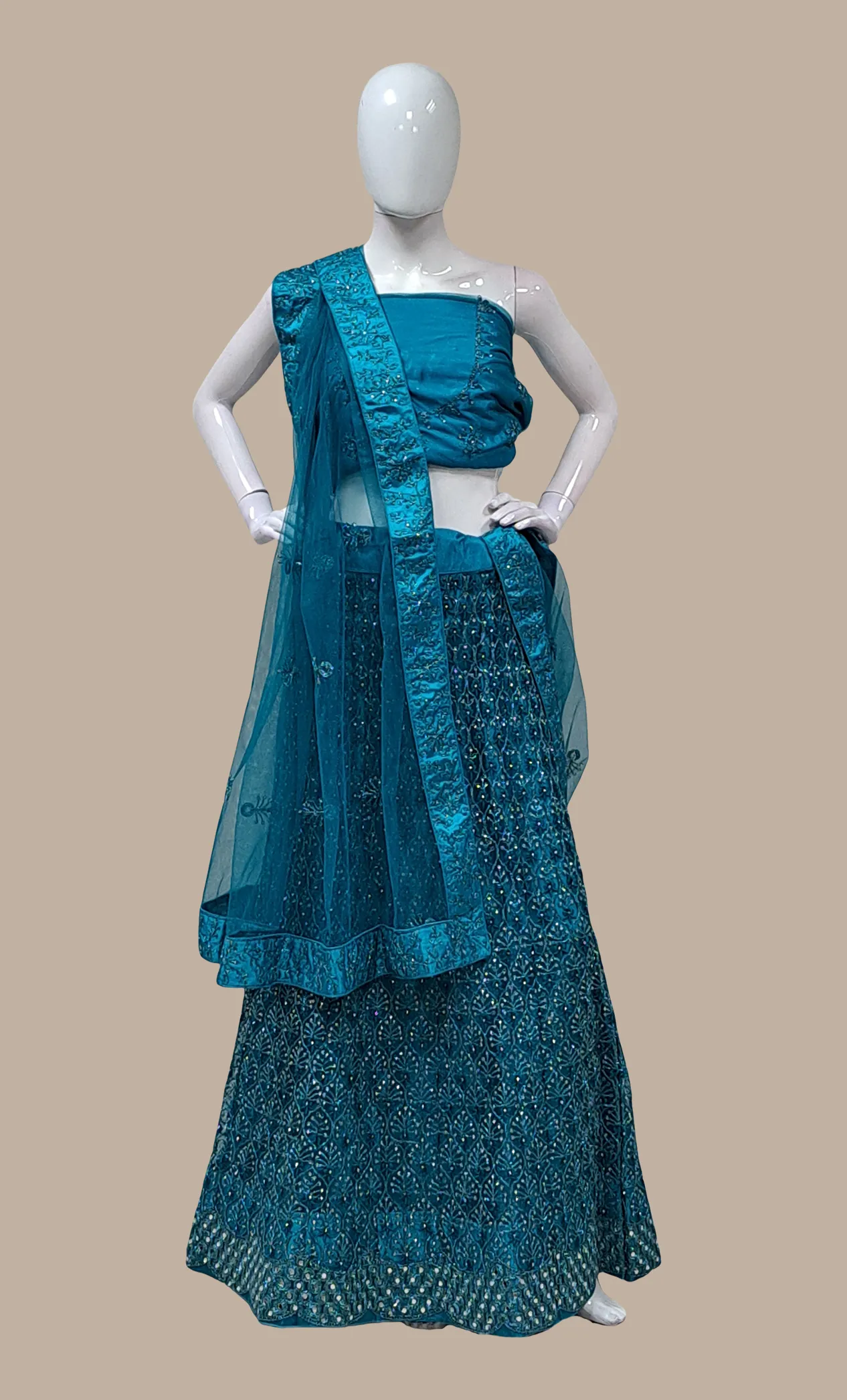 Deep Teal Embroidered Lengha