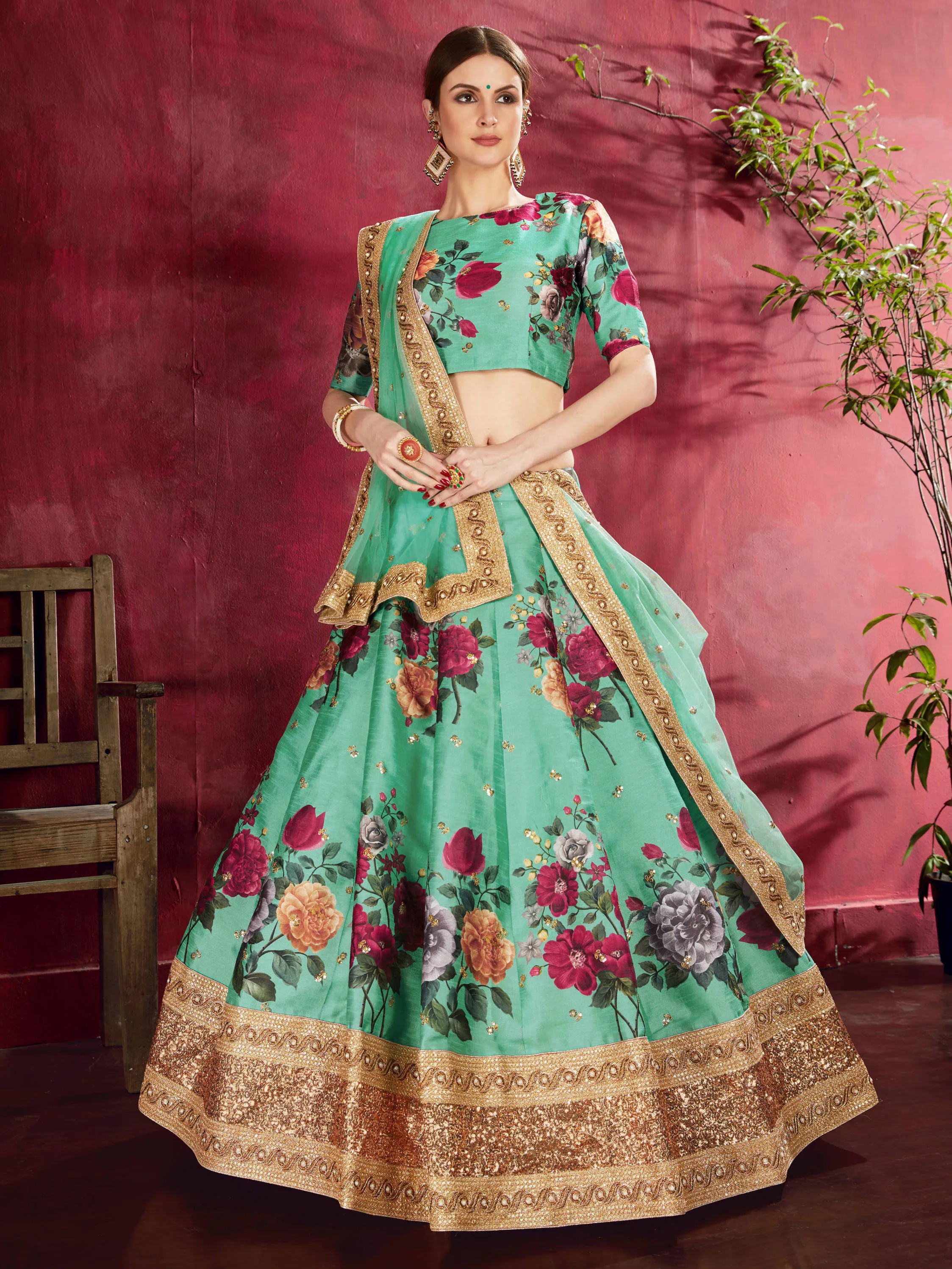 Desiring Green Floral Printed Banglory Silk Wedding Lehenga Choli With Dupatta