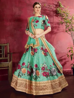 Desiring Green Floral Printed Banglory Silk Wedding Lehenga Choli With Dupatta