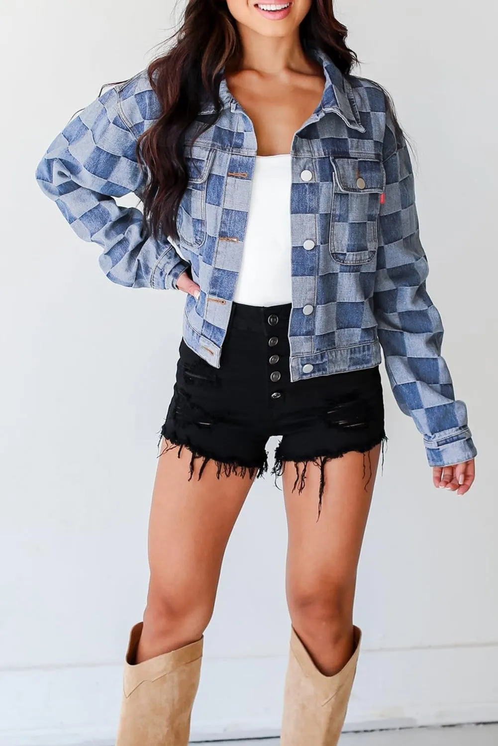 Ecosunny Womens Casual Long Sleeve Button Down Shirt Jacket Checkered Patchwork Denim Jacket Lightweight Coat Tops