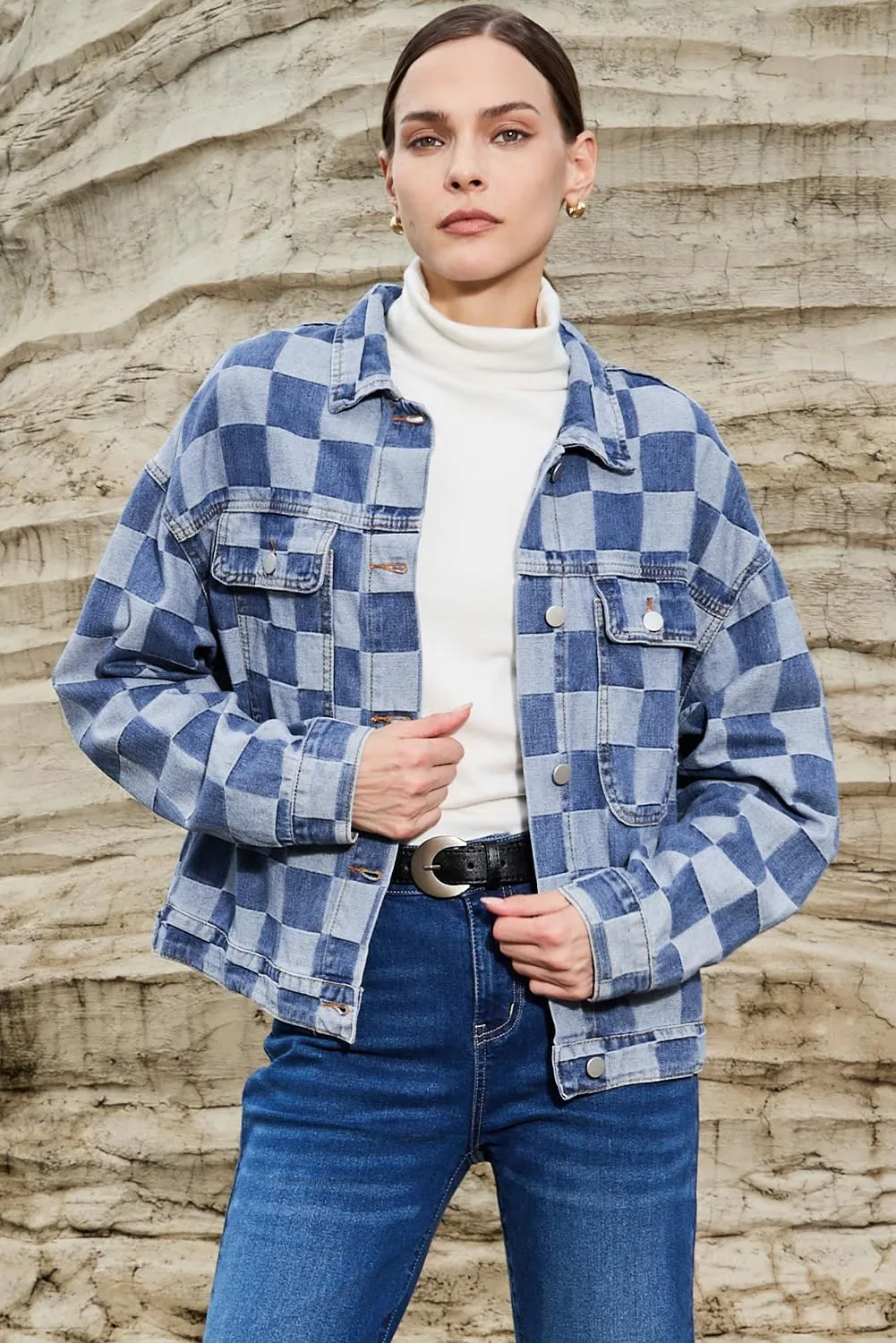 Ecosunny Womens Casual Long Sleeve Button Down Shirt Jacket Checkered Patchwork Denim Jacket Lightweight Coat Tops