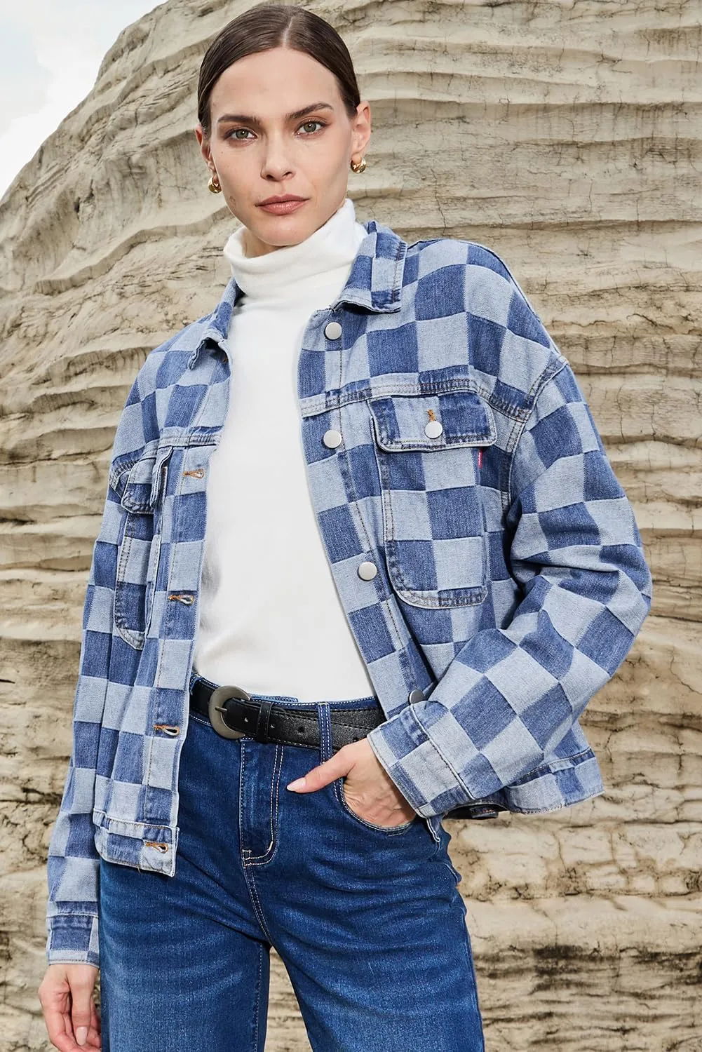 Ecosunny Womens Casual Long Sleeve Button Down Shirt Jacket Checkered Patchwork Denim Jacket Lightweight Coat Tops