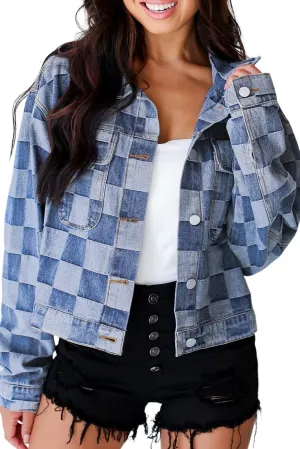 Ecosunny Womens Casual Long Sleeve Button Down Shirt Jacket Checkered Patchwork Denim Jacket Lightweight Coat Tops