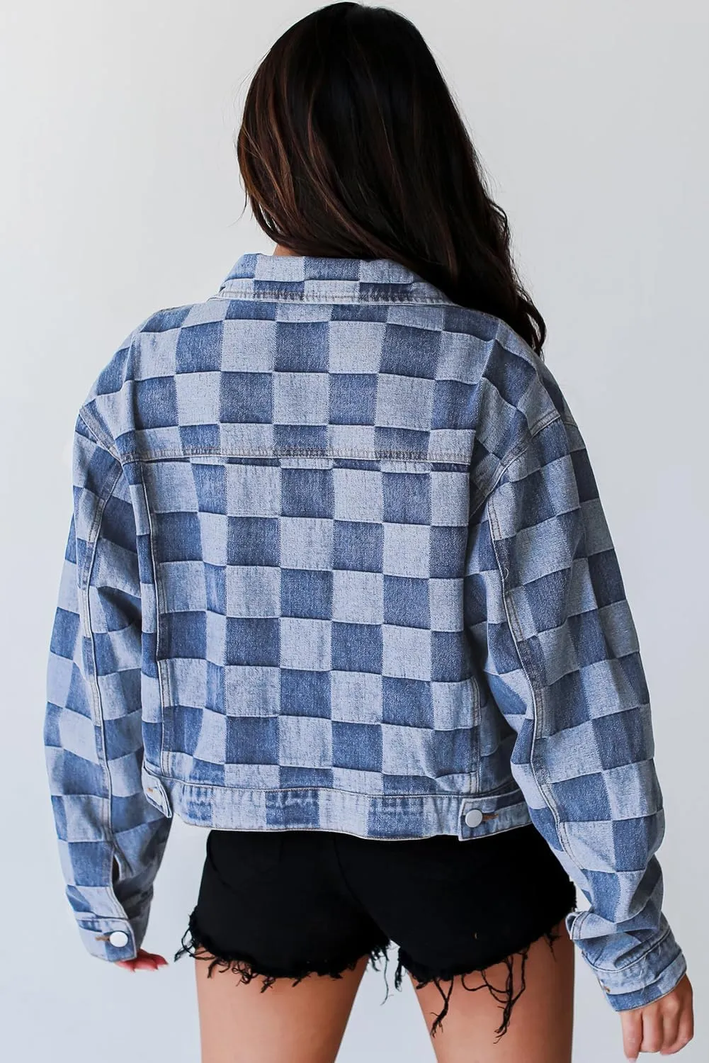 Ecosunny Womens Casual Long Sleeve Button Down Shirt Jacket Checkered Patchwork Denim Jacket Lightweight Coat Tops