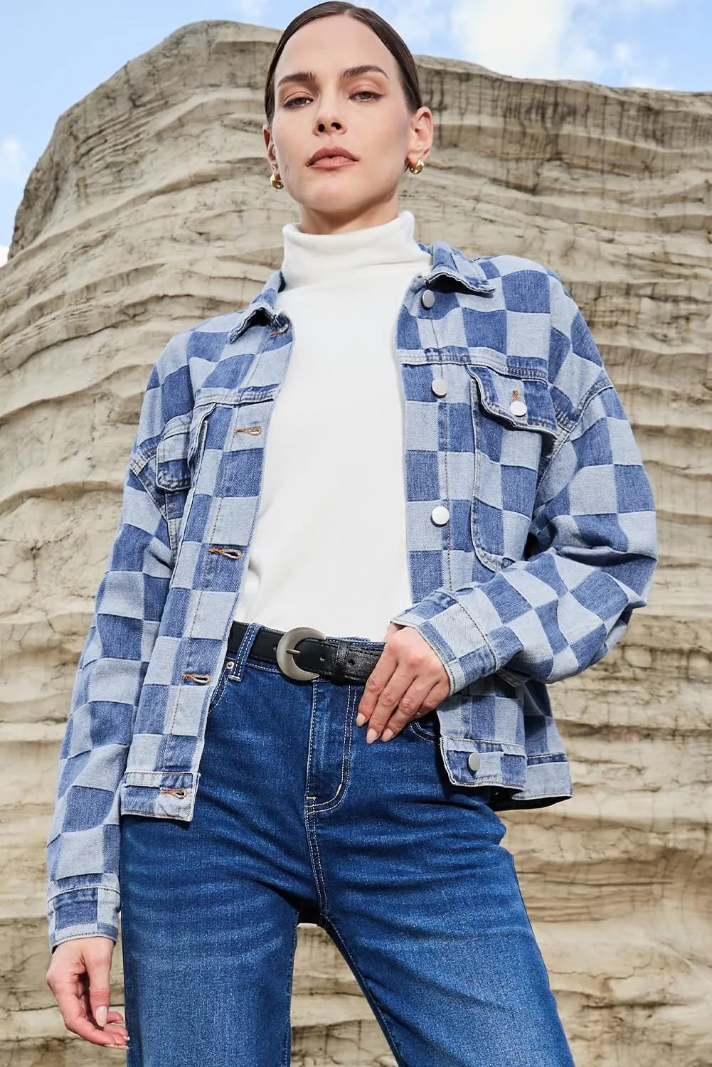 Ecosunny Womens Casual Long Sleeve Button Down Shirt Jacket Checkered Patchwork Denim Jacket Lightweight Coat Tops