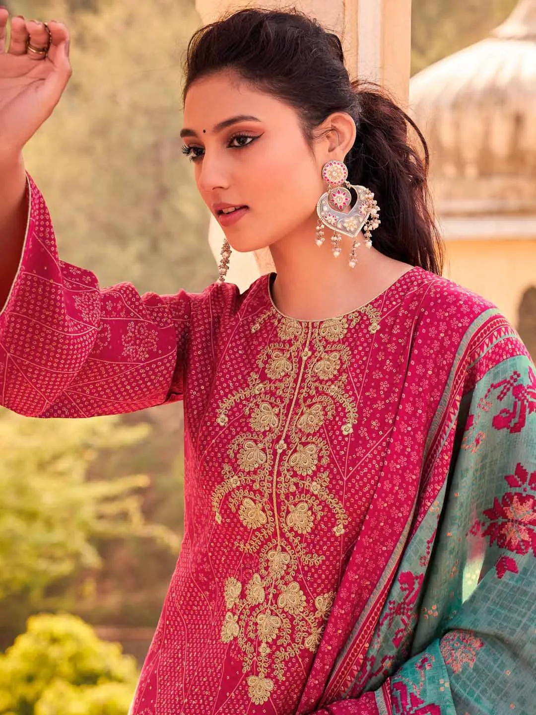 Embroidered Dark Pink Viscose Unstitched Women Suit Dress Materials