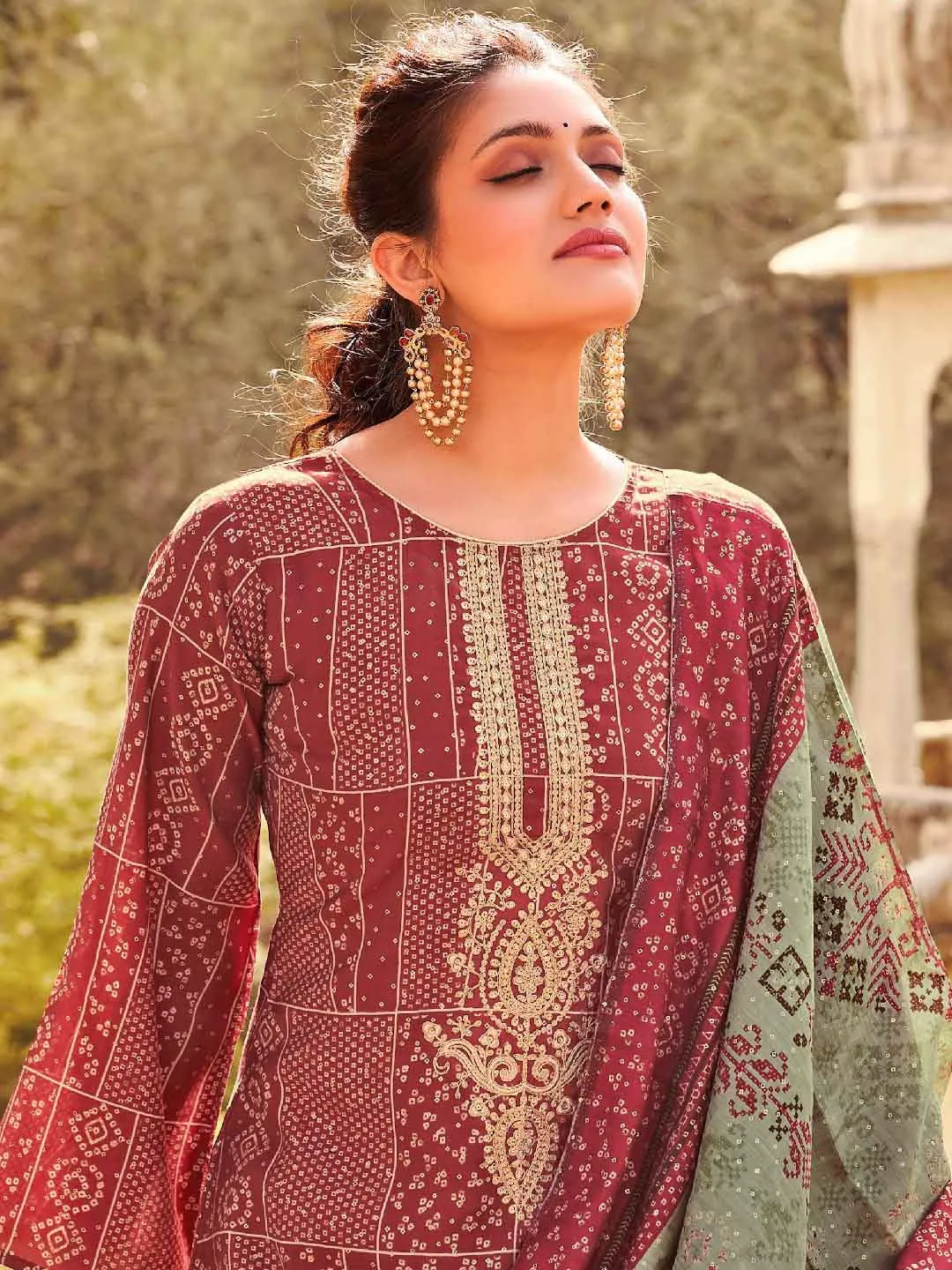 Embroidered Maroon Viscose Unstitched Women Suit Dress Materials
