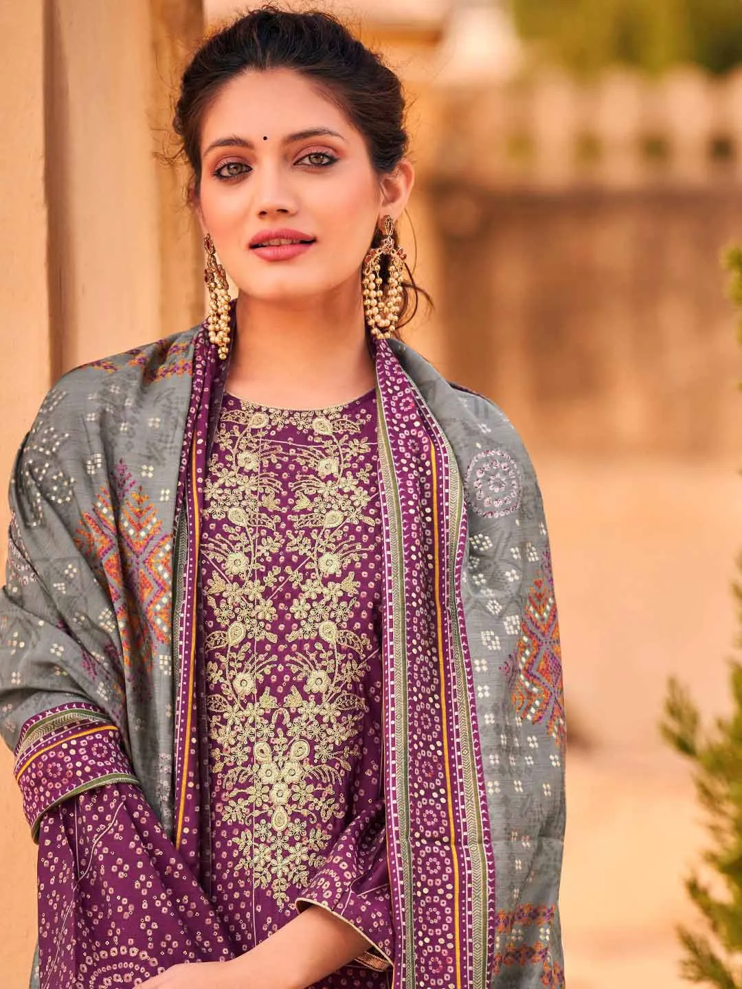 Embroidered Purple Viscose Unstitched Women Suit Dress Materials