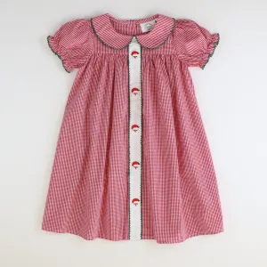 Embroidered Santa Face Collared Dress - Red Mini Gingham