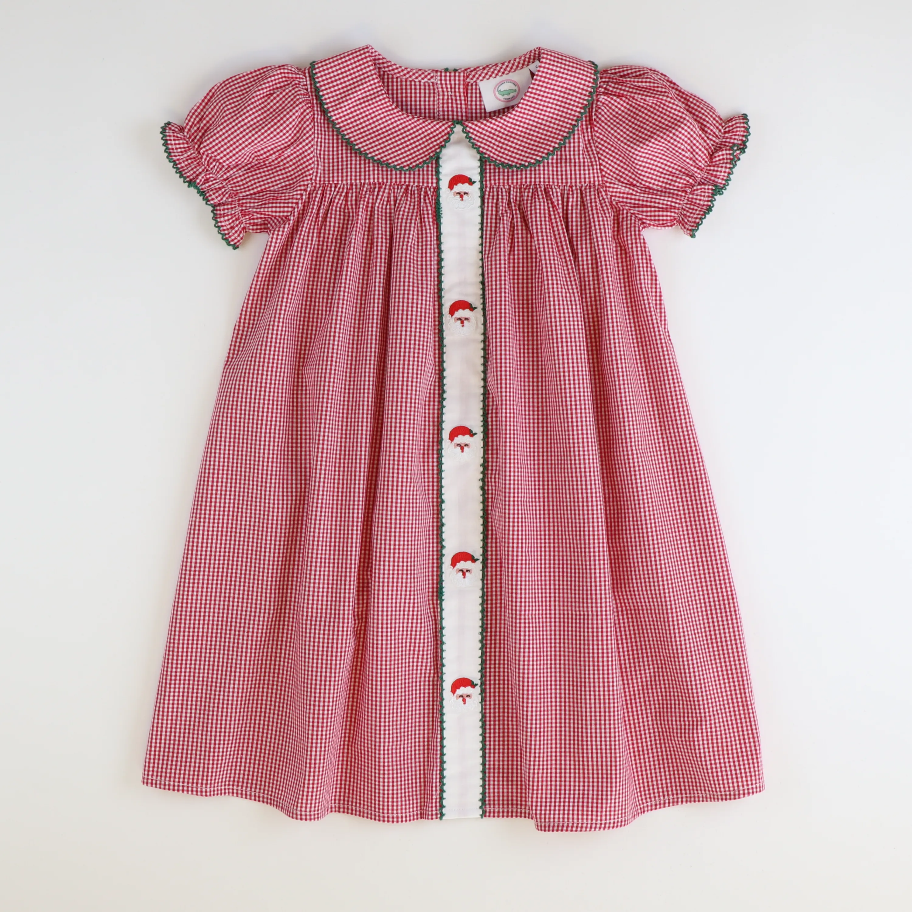 Embroidered Santa Face Collared Dress - Red Mini Gingham