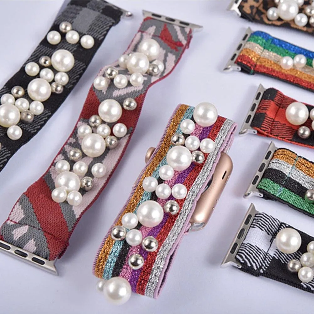 Ethnic Boho Plaid Style Stripe Pearly Beaded Straps Elastic Band 7 6 5