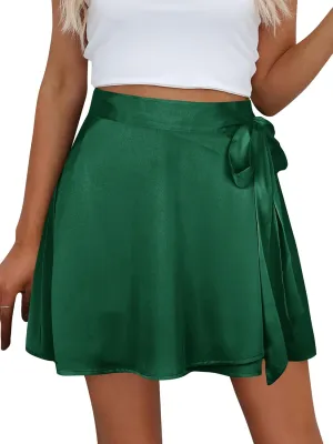 Ezcosplay Women Satin Wrap Around Mini Skirt High Waisted Adjustable Self Tie Silk A Line Short Skirts