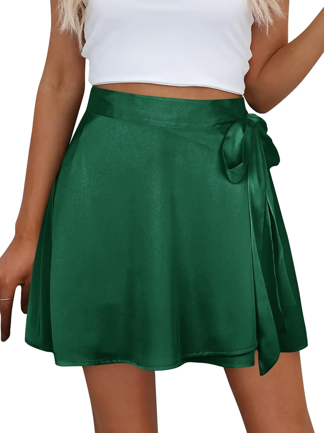Ezcosplay Women Satin Wrap Around Mini Skirt High Waisted Adjustable Self Tie Silk A Line Short Skirts
