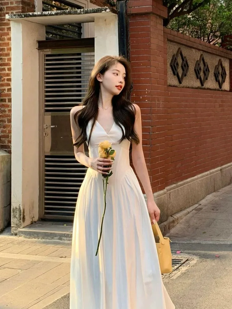 Fairy long v-neck white suspender dress     S5792