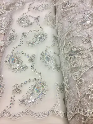 Fancy Sequined Paisley - 50-inches Wide White and Silver