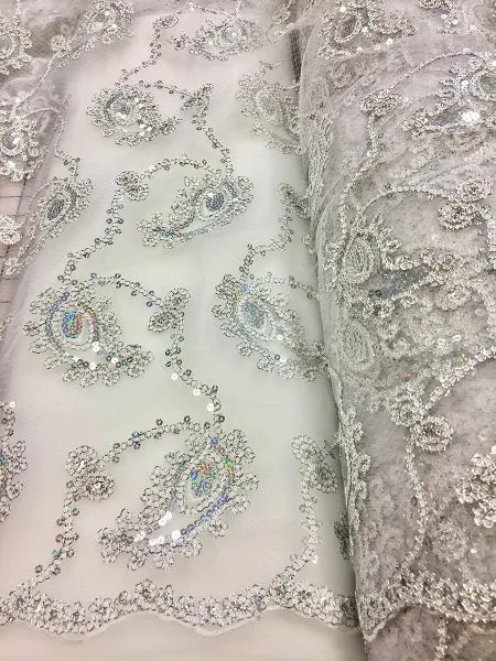 Fancy Sequined Paisley - 50-inches Wide White and Silver