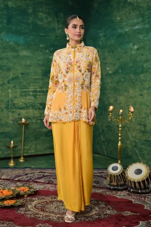 Festive Yellow Embroidered Raw Silk Skirt Set