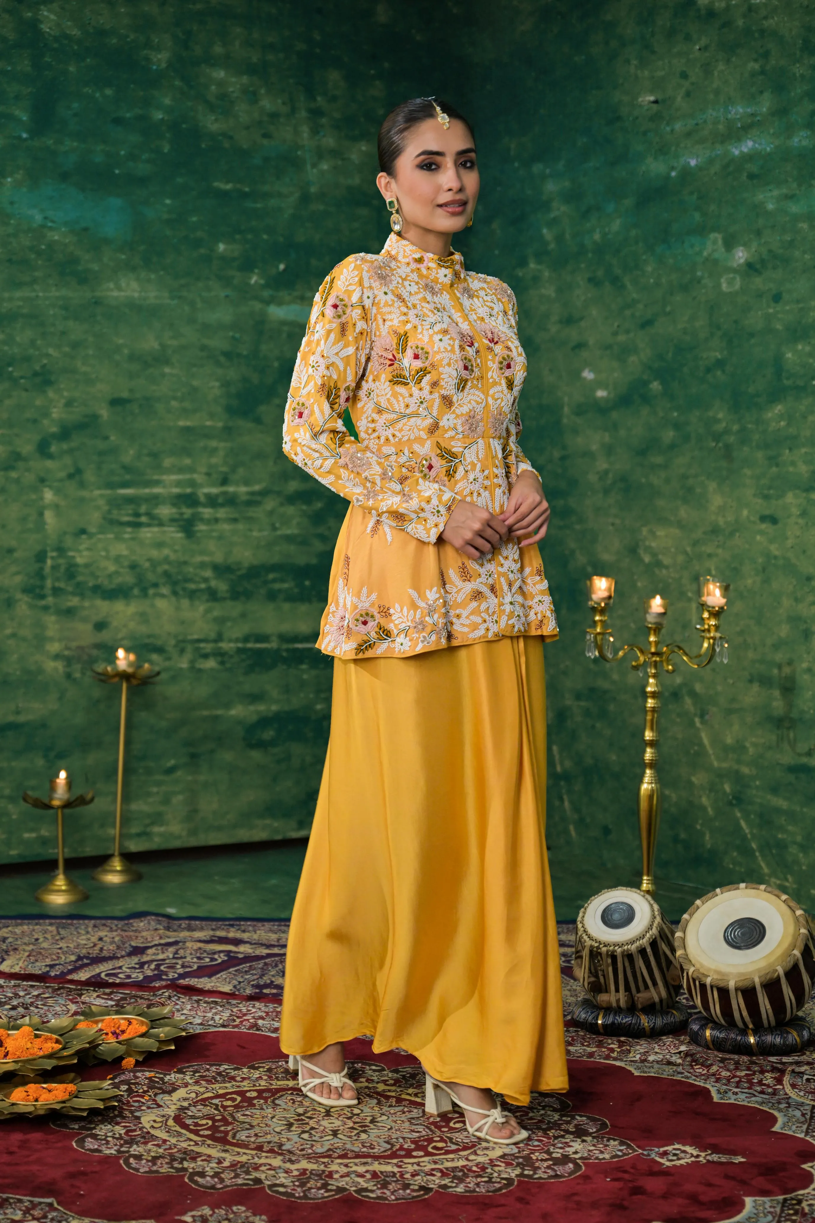 Festive Yellow Embroidered Raw Silk Skirt Set