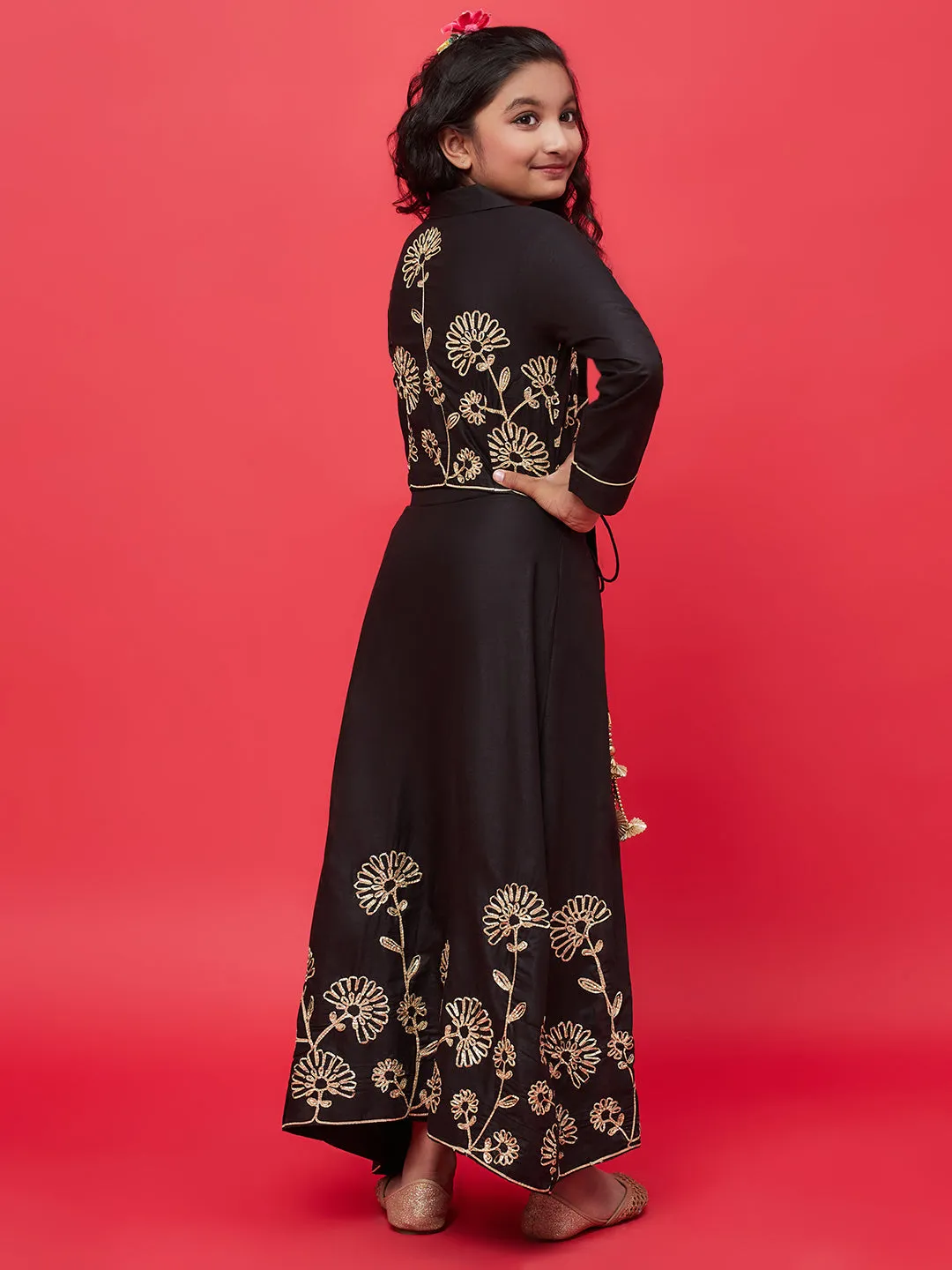 Girl's Black Embroidered Top Skirt With Attached Pant - Aks Girls